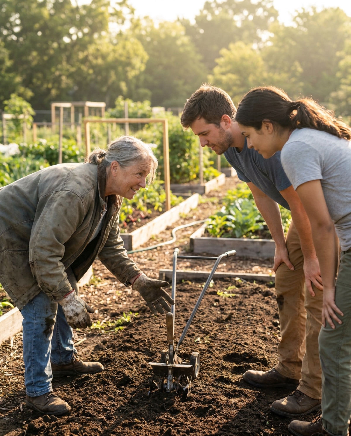 A crew lead in a named vest showing a first-time volunteer how to hold a shovel at the edge of a garden bed