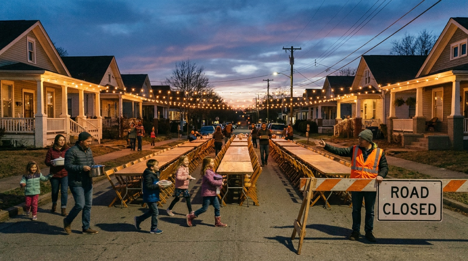 Long tables set for a summer block dinner on a closed residential street at dusk