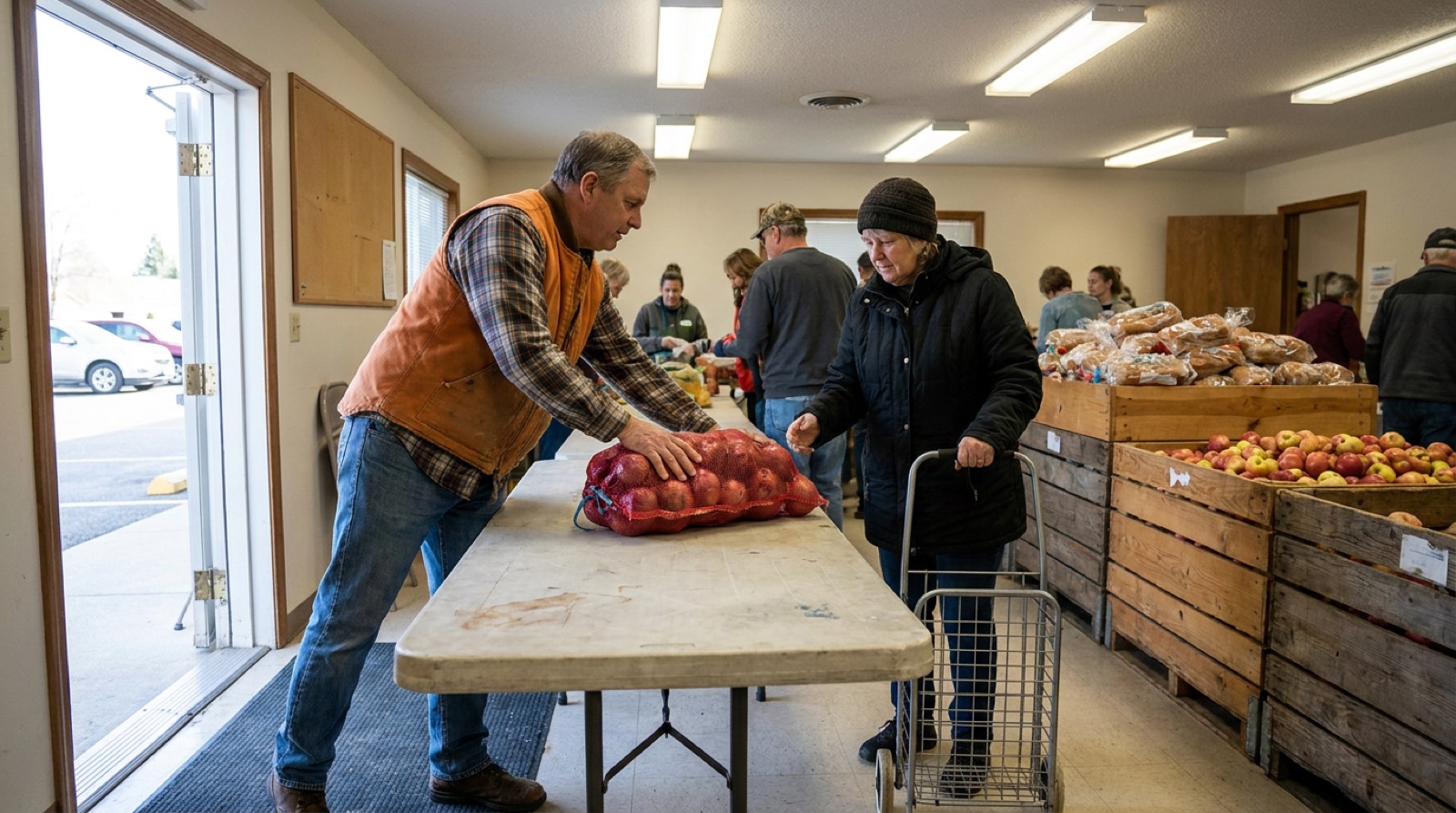 A volunteer sliding a bag of onions across a folding table to a woman with a rolling cart