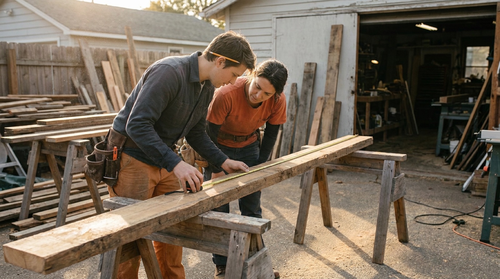 Three volunteers measuring and cutting lumber for a wooden ramp beside a small house