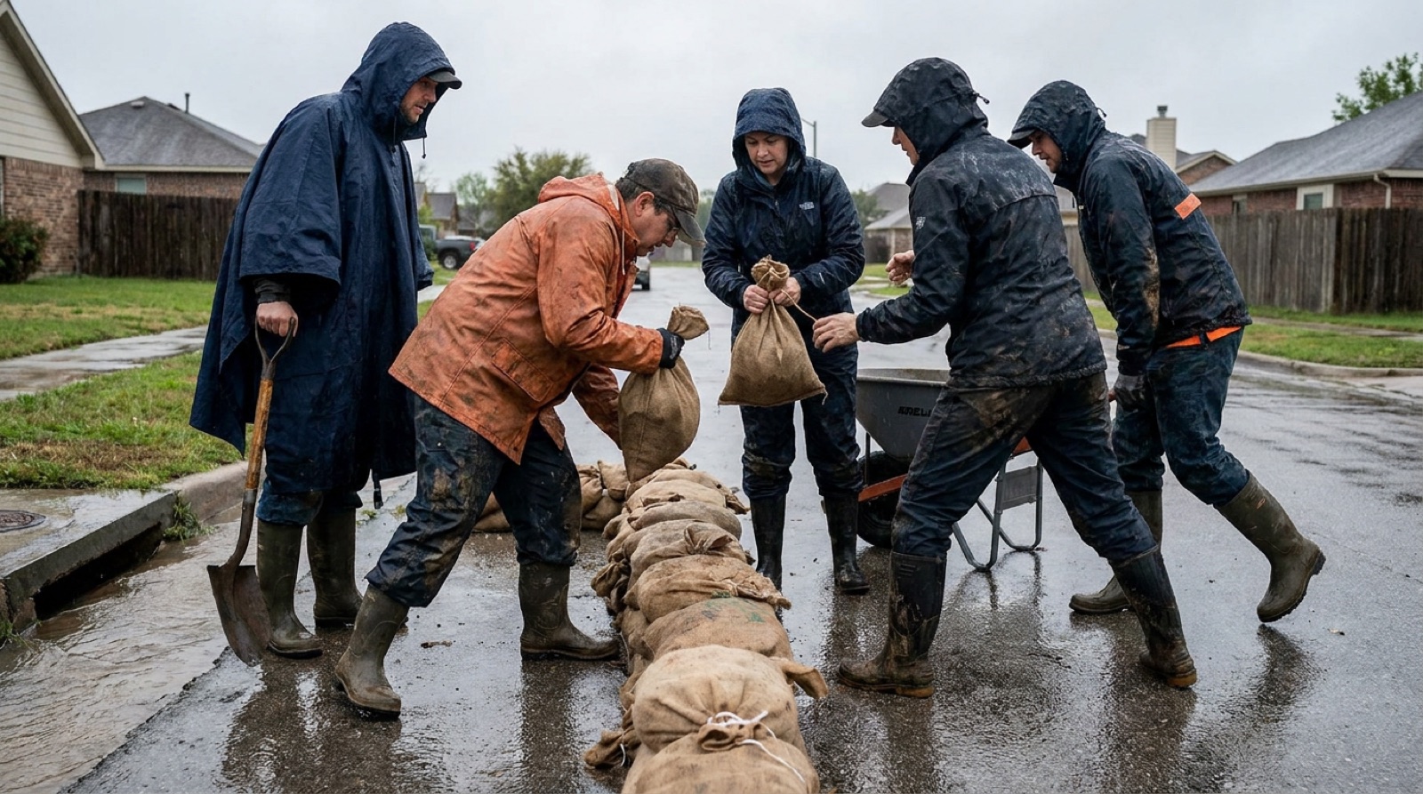 Volunteers in rain gear stacking sandbags along a residential street with standing water