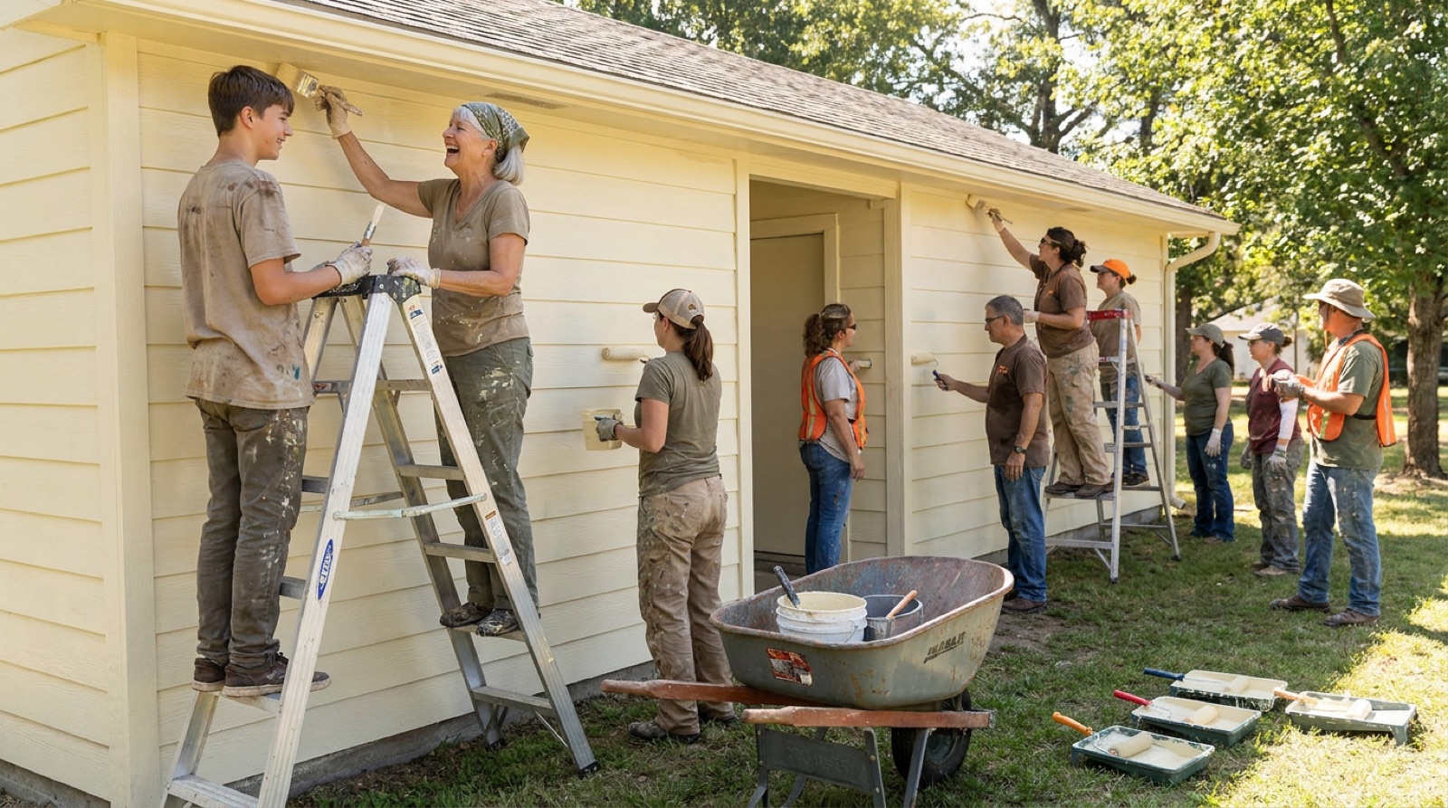 A crew of volunteers of all ages painting the exterior of a small community building on a sunny morning