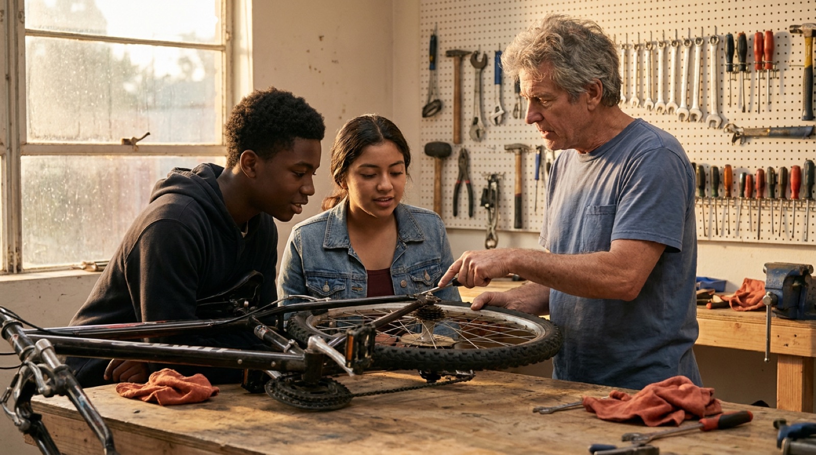 Two teenagers and a volunteer mentor fixing a bicycle wheel at a workbench