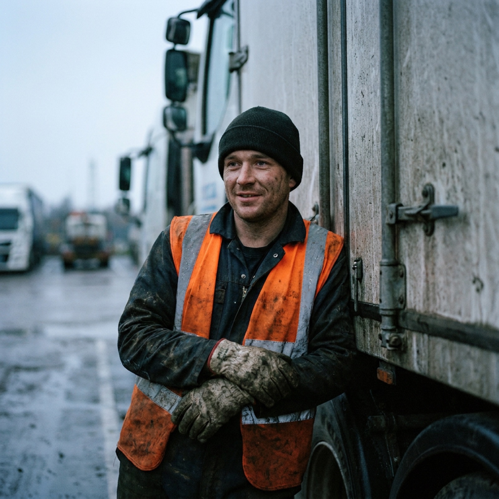 A man in his thirties in a rain-soaked vest leaning against a truck tailgate, tired and smiling