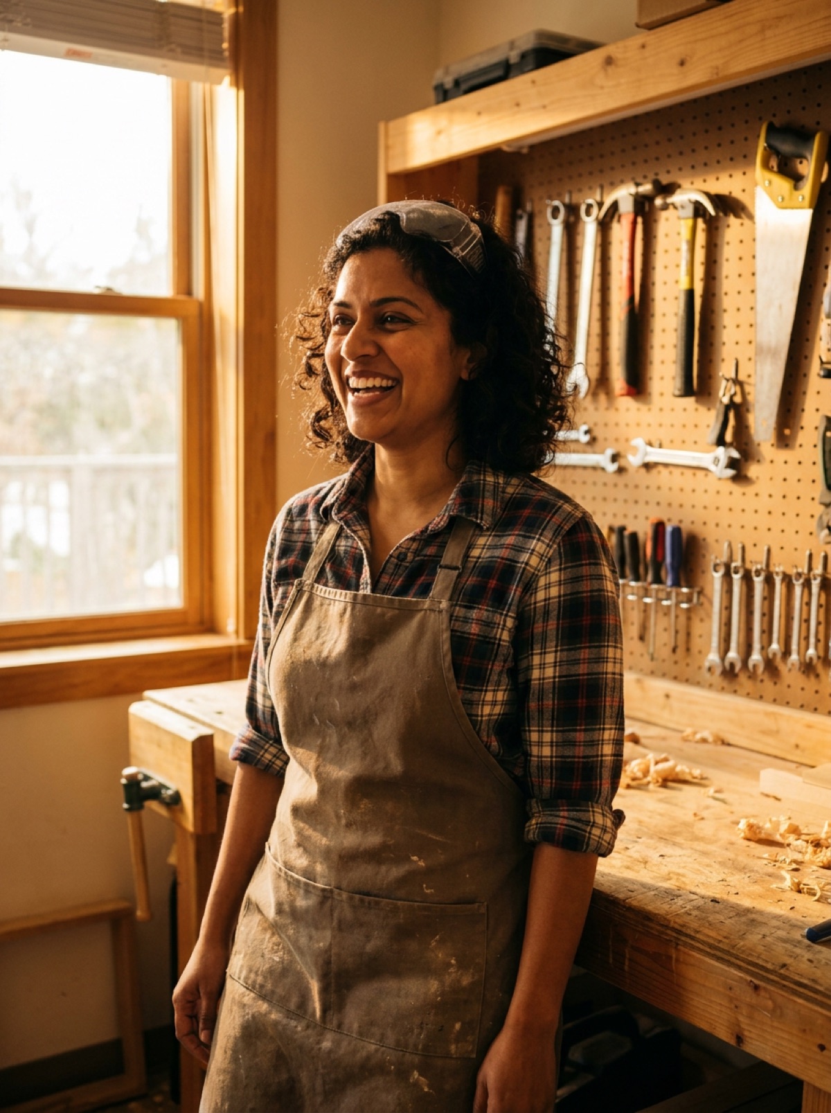 Anika Raman in the youth room beside the woodshop bench