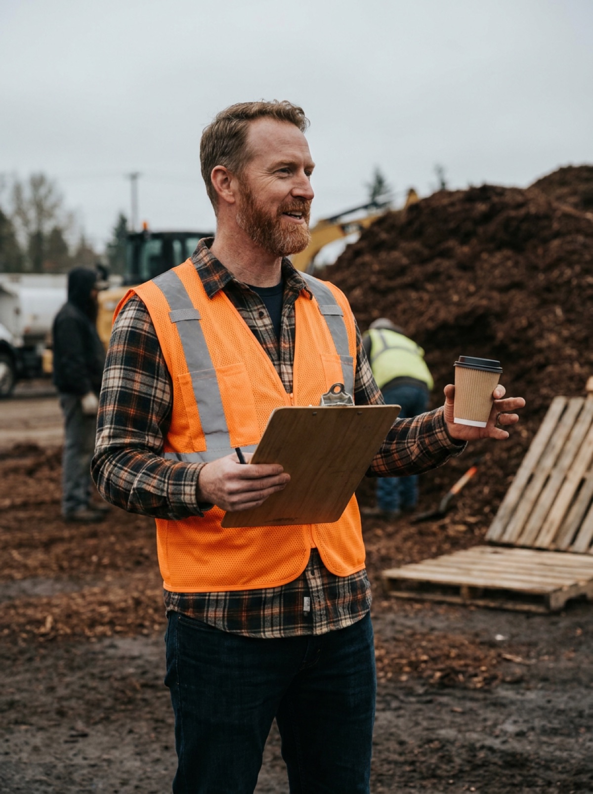 Teo Lindqvist on a job site holding a clipboard and a coffee